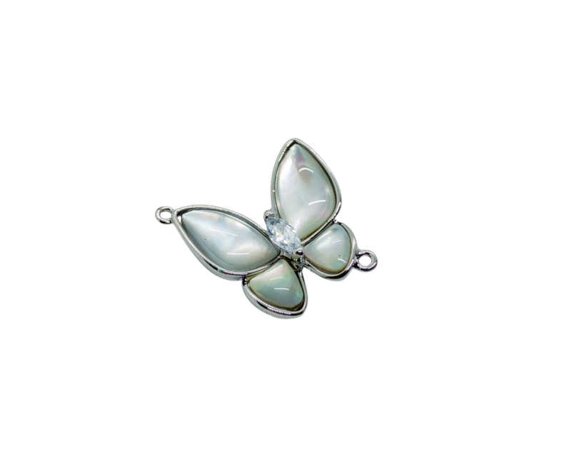 Коннектор бабочка с натуральным перламутром и фианитом  цвет серебро размер 17мм